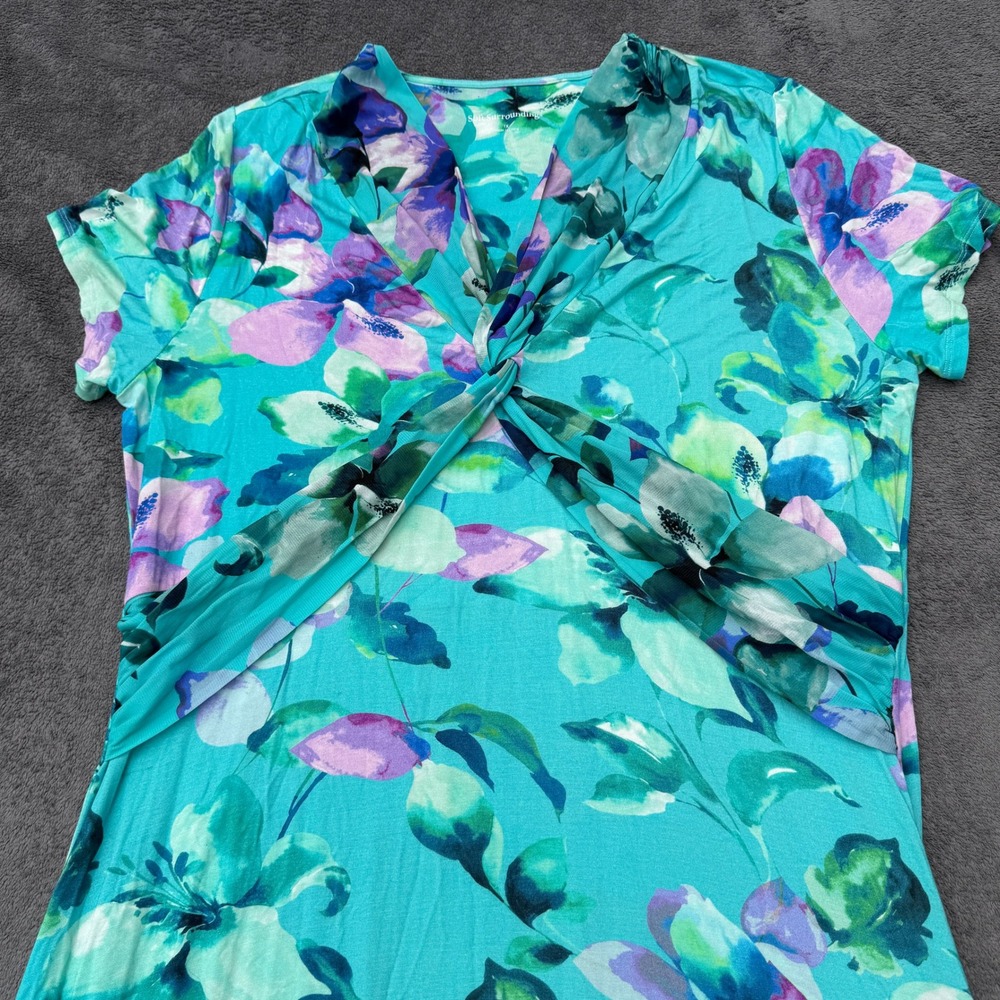 Soft Surroundings Womens 1X Aqua Floral Maxi Dress Ruched Short Sleeve Stretch - Picture 3 of 8